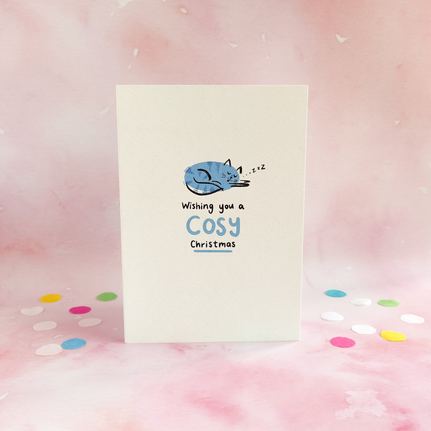 Blue Cosy Cat Christmas Card