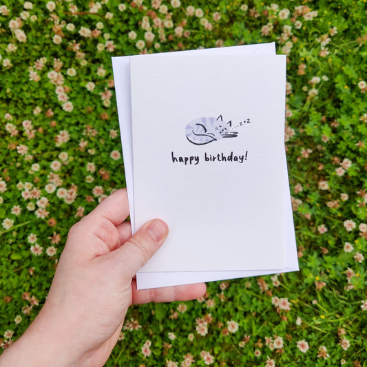 Lilac Cosy Cat Birthday Card